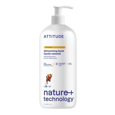 ATTITUDE Dish Soap, EWG Verified, Plant-Based & Vegan Dishwashing Liquid, Naturally Derived, Citrus Zest Scent, 33.8 Fl Oz