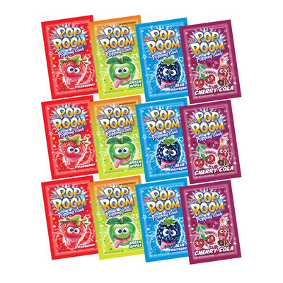 Tiltay Pop Boom Popping Candy 4 Flavor Assortment, Strawberry, Cherry Cola, Green Apple, Blue Raspberry - 12 Packs