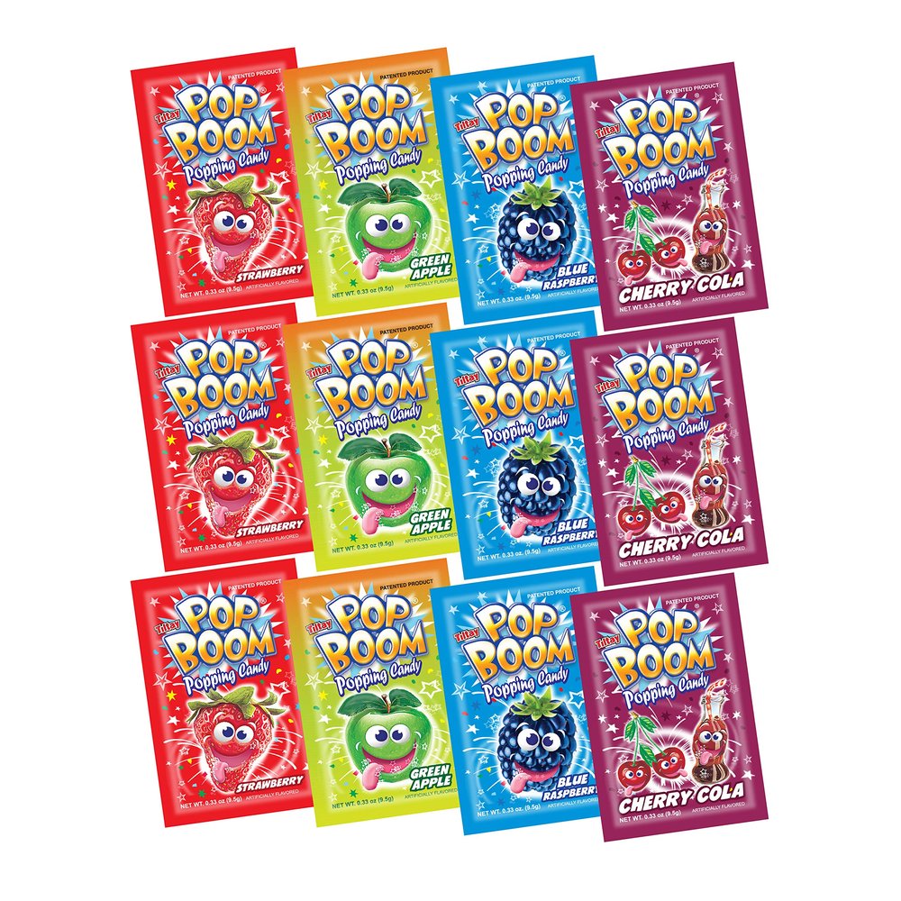 Tiltay Pop Boom Popping Candy 4 Flavor Assortment, Strawberry, Cherry Cola, Green Apple, Blue Raspberry - 12 Packs