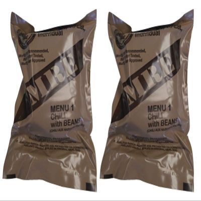 TWO (2) NEW MRE's 2020 - 2021 1st Insp. date - US Military Meals Ready-to-Eat w/FREE DESSERT! (Two 1's - Chili w/Beans)