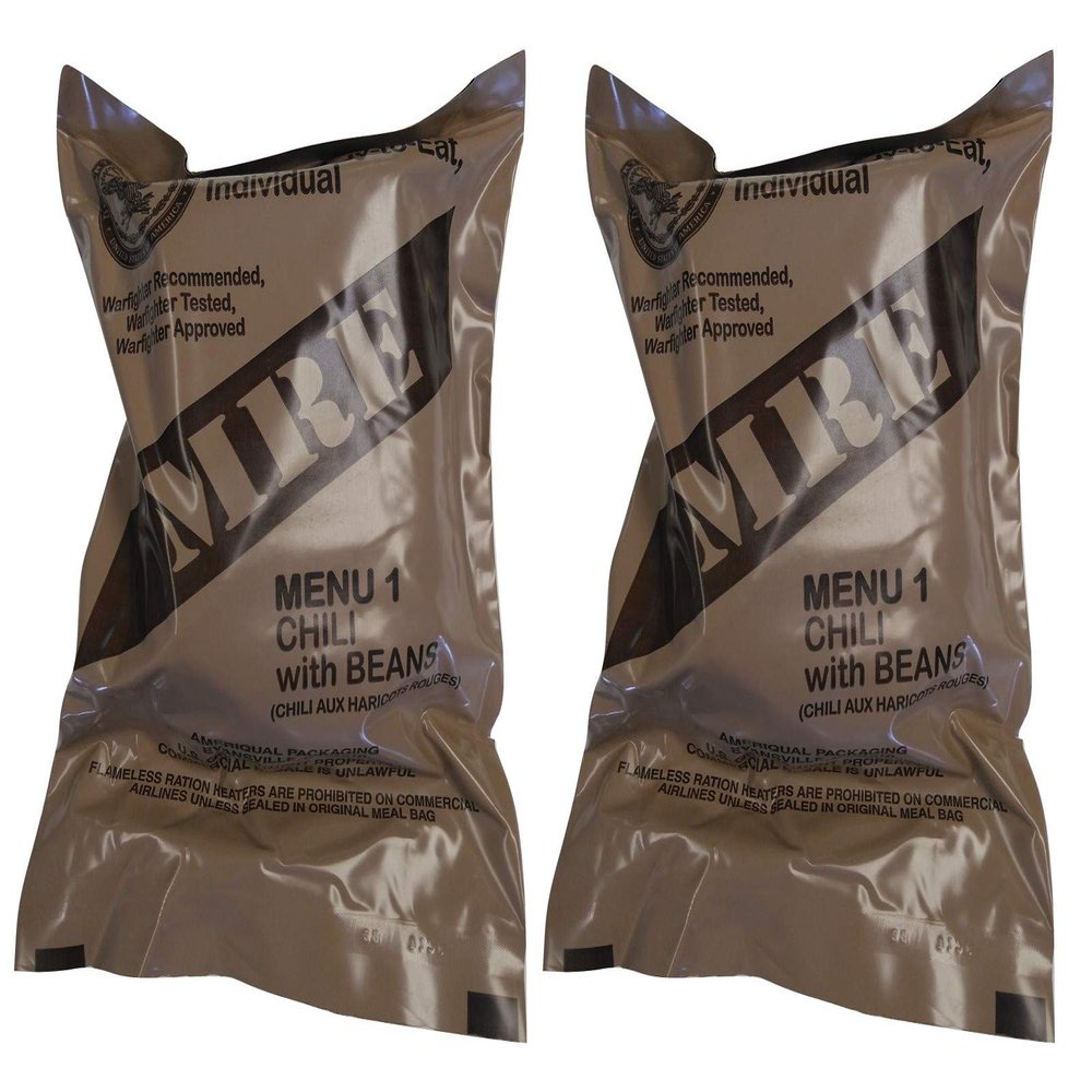 TWO (2) NEW MRE's 2020 - 2021 1st Insp. date - US Military Meals Ready-to-Eat w/FREE DESSERT! (Two 1's - Chili w/Beans)