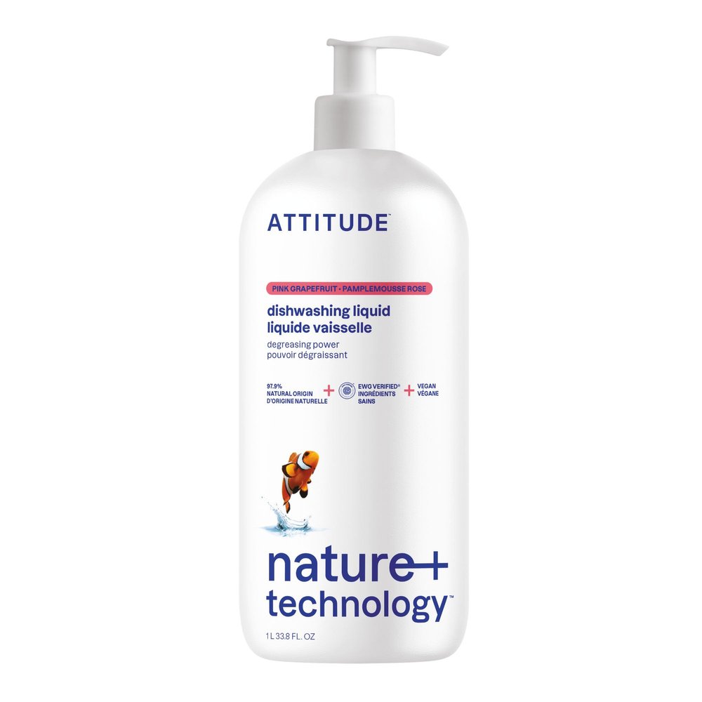 ATTITUDE Dish Soap, EWG Verified, Plant-Based & Vegan Dishwashing Liquid, Naturally Derived, Pink Grapefruit Scent, 33.8 Fl Oz