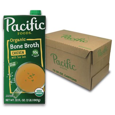 Pacific Foods Organic Chicken Bone Broth with Sea Salt, 32 Fl Oz (Pack of 12)