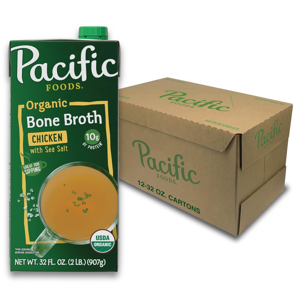 Pacific Foods Organic Chicken Bone Broth with Sea Salt, 32 Fl Oz (Pack of 12)