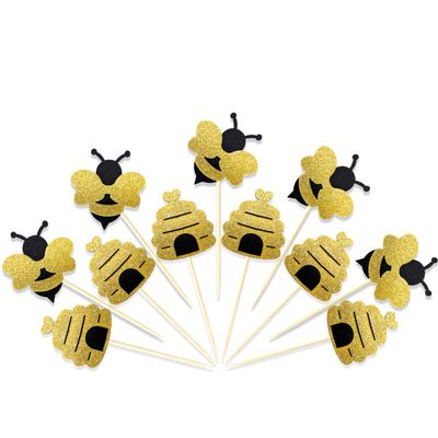 50 Pieces Bee Toothpicks Bulk Bee Cupcake Toppers Glitter Bee Cake Picks Decorations for Birthday Party Favors Supplies