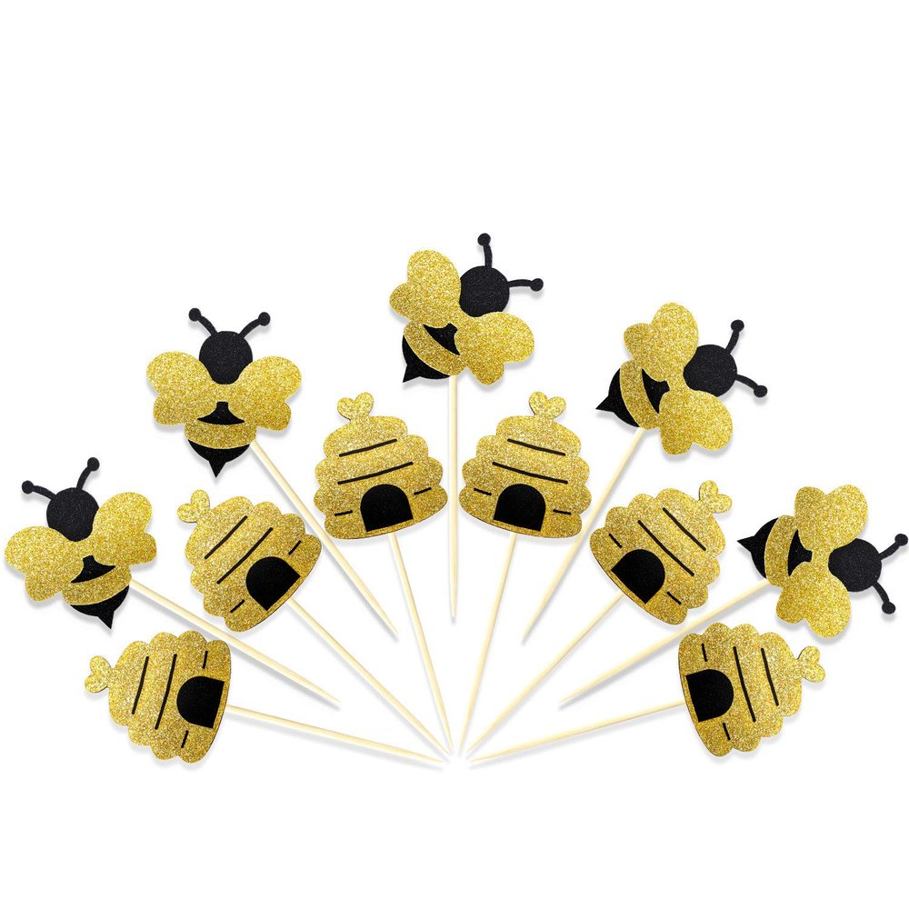 50 Pieces Bee Toothpicks Bulk Bee Cupcake Toppers Glitter Bee Cake Picks Decorations for Birthday Party Favors Supplies