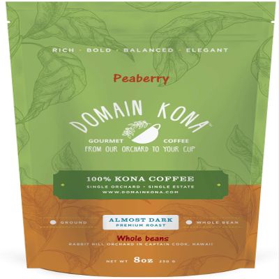 100% Kona Coffee PEABERRY Whole Bean, Almost Dark roast, Single estate gourmet coffee, 8 ounces, ships direct from Domain Kona Coffee, farm fresh