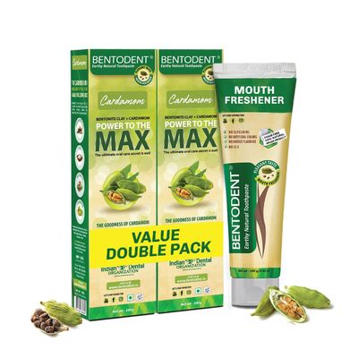 Bentodent Natural Toothpaste for Entire Family Incl Kids - SLS Free, Fluoride Free - Freshens Breath, Helps Reduce Plaque by Brushing (Cardamom Pack of 2)