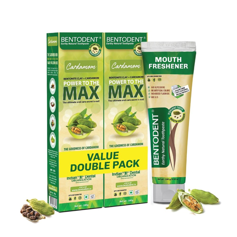 Bentodent Natural Toothpaste for Entire Family Incl Kids - SLS Free, Fluoride Free - Freshens Breath, Helps Reduce Plaque by Brushing (Cardamom Pack of 2)