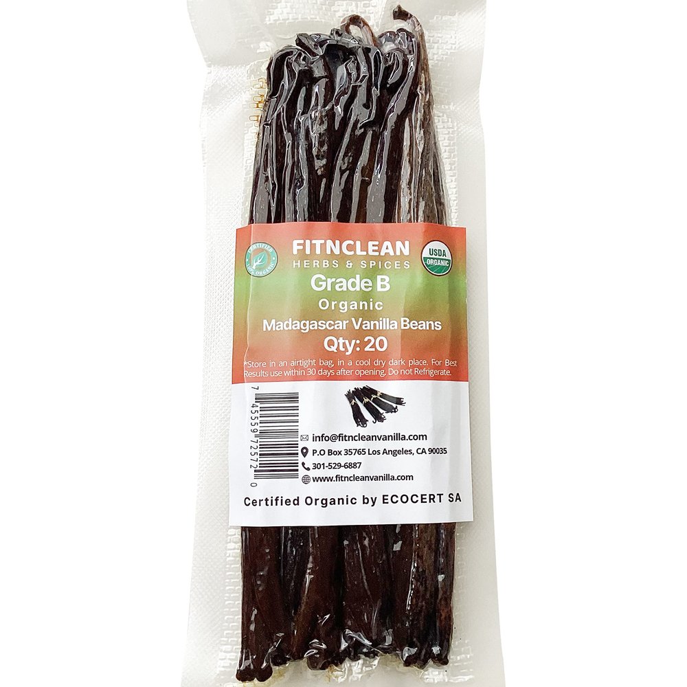 20 Organic Madagascar Vanilla Beans Grade B. Certified USDA Organic. 5"-7"by FITNCLEAN VANILLA for Extract, Paste, Cooking, Baking. Whole Bourbon NON-GMO Pods
