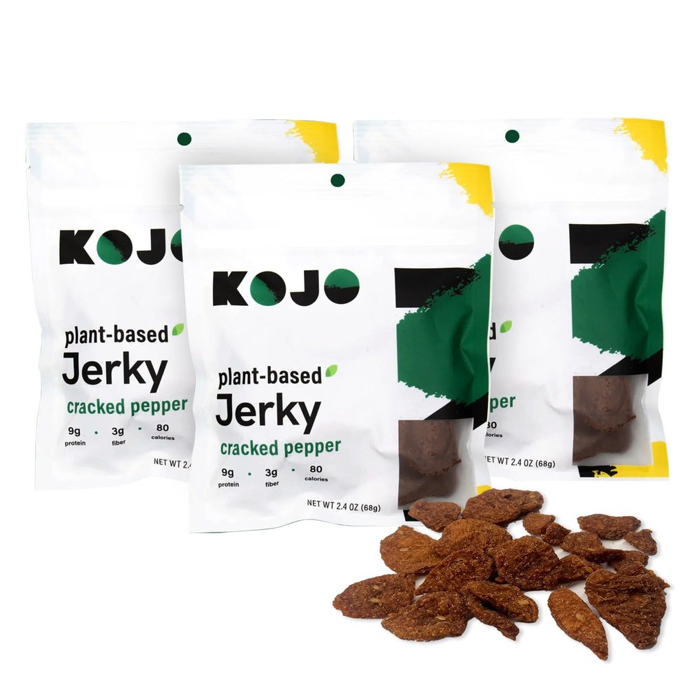 Kojo - Plant-based Vegan Jerky - Cracked Pepper - Peppery and Shamelessly Meaty Flavor - 9g Protein, 3g Fiber, 90 Calories - 3 Bags (2.4 oz)