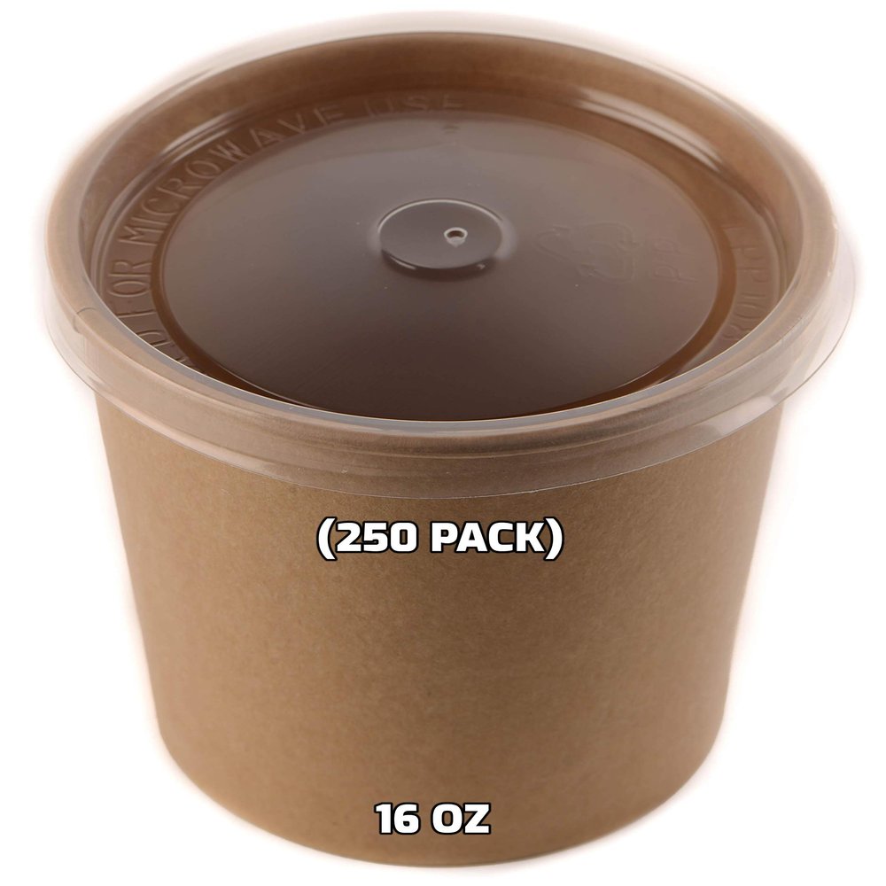EcoQuality [250 Pack] 16 oz Disposable Kraft Paper Soup Containers with Plastic LIDS - Pint Ice Cream Containers, Frozen Yogurt Cups, Restaurant, Microwavable, Take Out, Food Storage, Recyclable