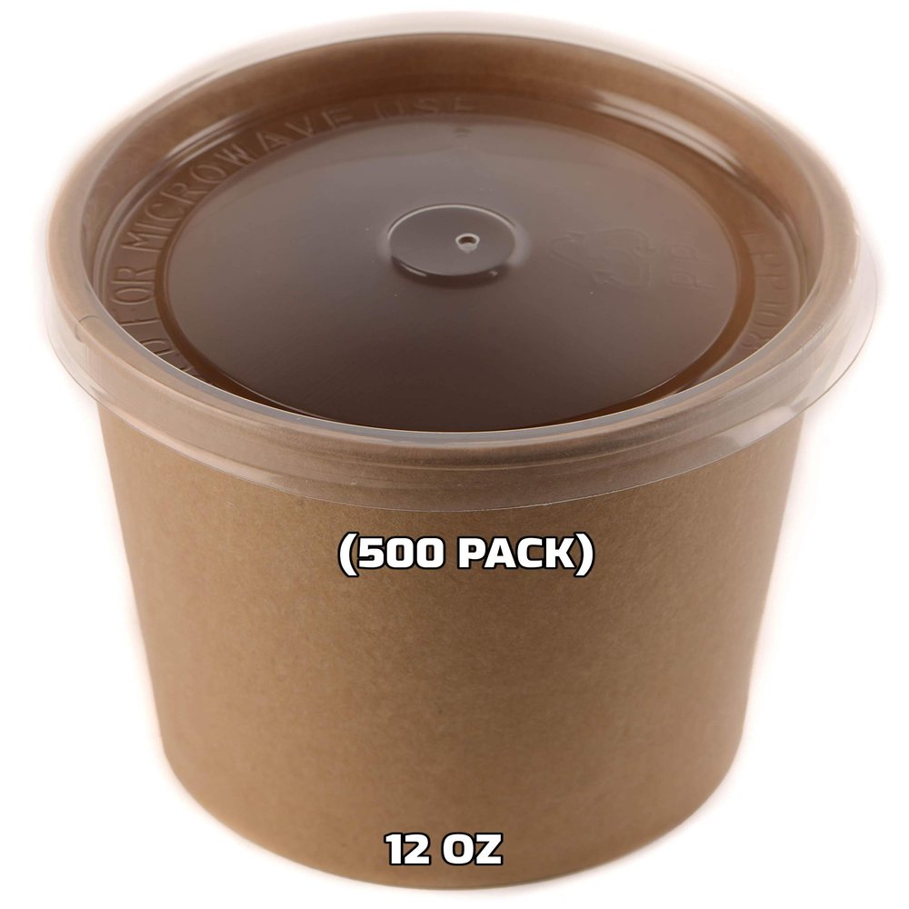 EcoQuality [500 Pack] 12 oz Disposable Kraft Paper Soup Containers with Plastic LIDS - Half Pint Ice Cream Containers, Frozen Yogurt Cups, Restaurant, Microwavable, Take Out, Food Storage, Recyclable