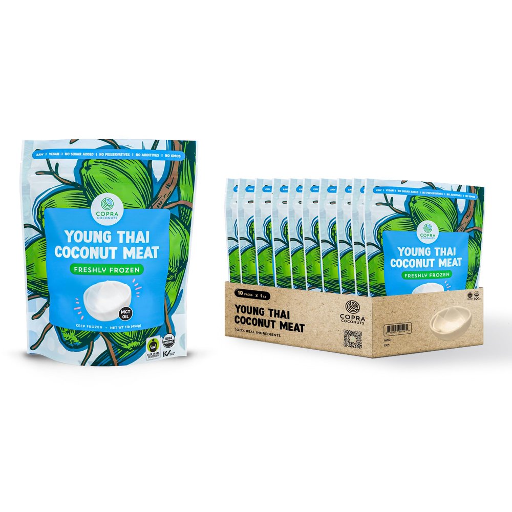 Copra Organic Frozen Coconut Meat (100% Young Coconut Frozen in Hours of Harvest) | All Natural, Gluten Free, Non GMO, Vegan, Dairy Free, No Sugar Added, No Preservatives (Case of 10 x 1lb bags)