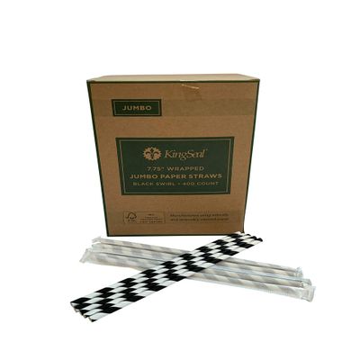 400 Count | Kingseal FSC Certified Disposable Paper Drinking Straws, Paper Wrapped, 7.75" Length x 6mm Diameter, Black Swirl Stripe, Biodegradable, Earth Friendly, Bulk Pack - 400 Straws per Box