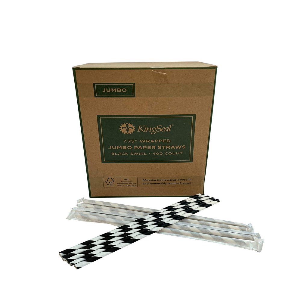 400 Count | Kingseal FSC Certified Disposable Paper Drinking Straws, Paper Wrapped, 7.75" Length x 6mm Diameter, Black Swirl Stripe, Biodegradable, Earth Friendly, Bulk Pack - 400 Straws per Box