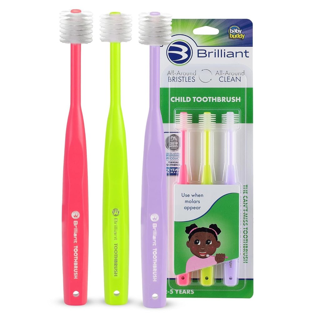 Brilliant Oral Care Child Toothbrush with Soft Bristles and Round Head, for a Kid Approved, Easy to Use All-Around Clean Mouth, Ages 2-5 Years, Pink Lime Lilac, 3 Pack