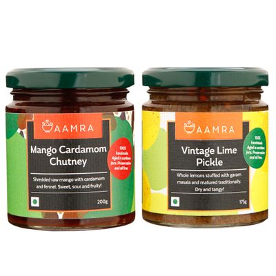 Aamra Homemade Traditional Mango & Cardamom Chutney (200gm) and Vintage Lime Pickle (175gm) - Combo of 2 Pickles