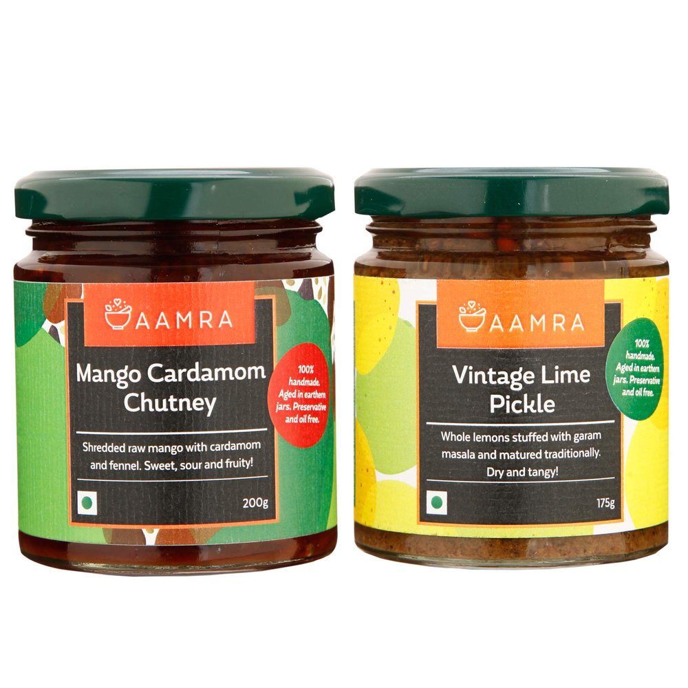 Aamra Homemade Traditional Mango & Cardamom Chutney (200gm) and Vintage Lime Pickle (175gm) - Combo of 2 Pickles