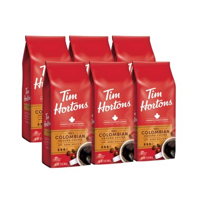 Tim Hortons Colombian, Medium-Dark Roast Ground Coffee, Perfectly Balanced, Always Smooth, Made with 100% Arabica Beans, 12 Ounce (Pack of 6)