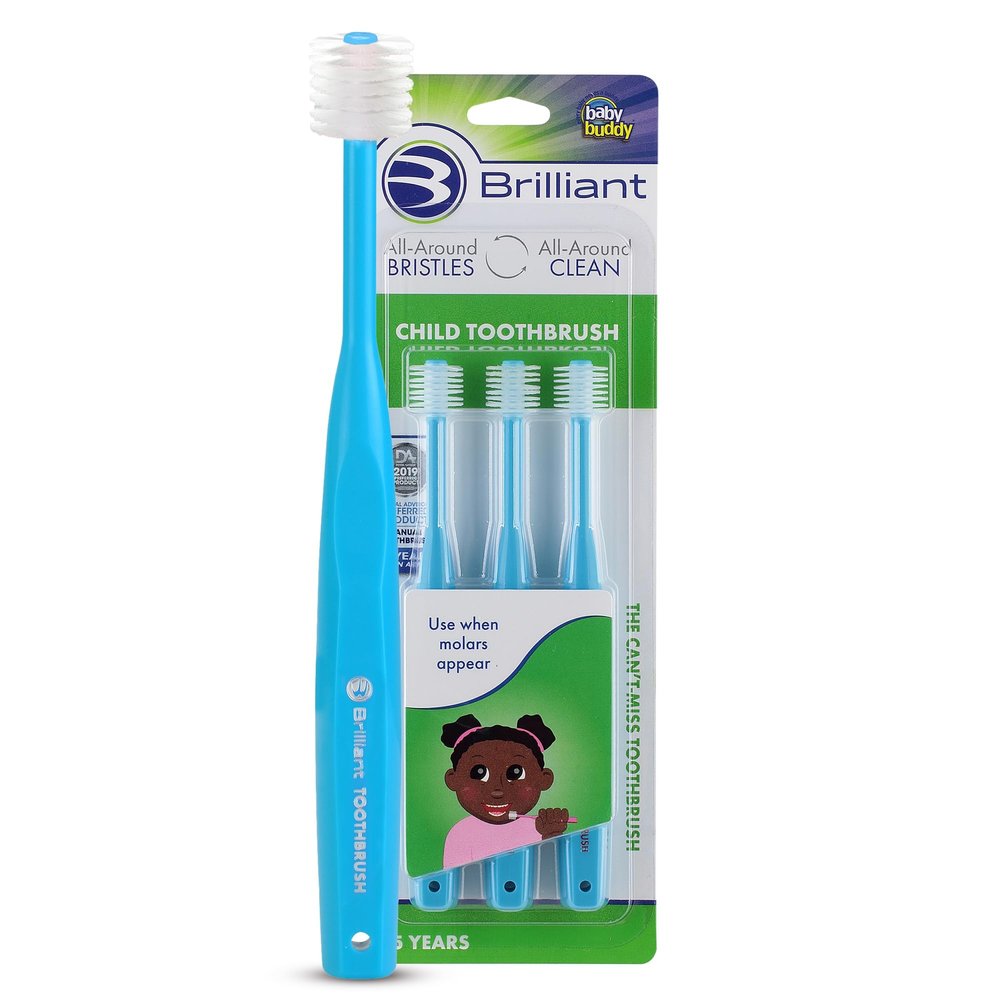 Brilliant Oral Care Child Toothbrush with Soft Bristles and Round Head, for a Kid Approved, Easy to Use All-Around Clean Mouth, Ages 2-5 Years, Sky Blue, 3 Pack