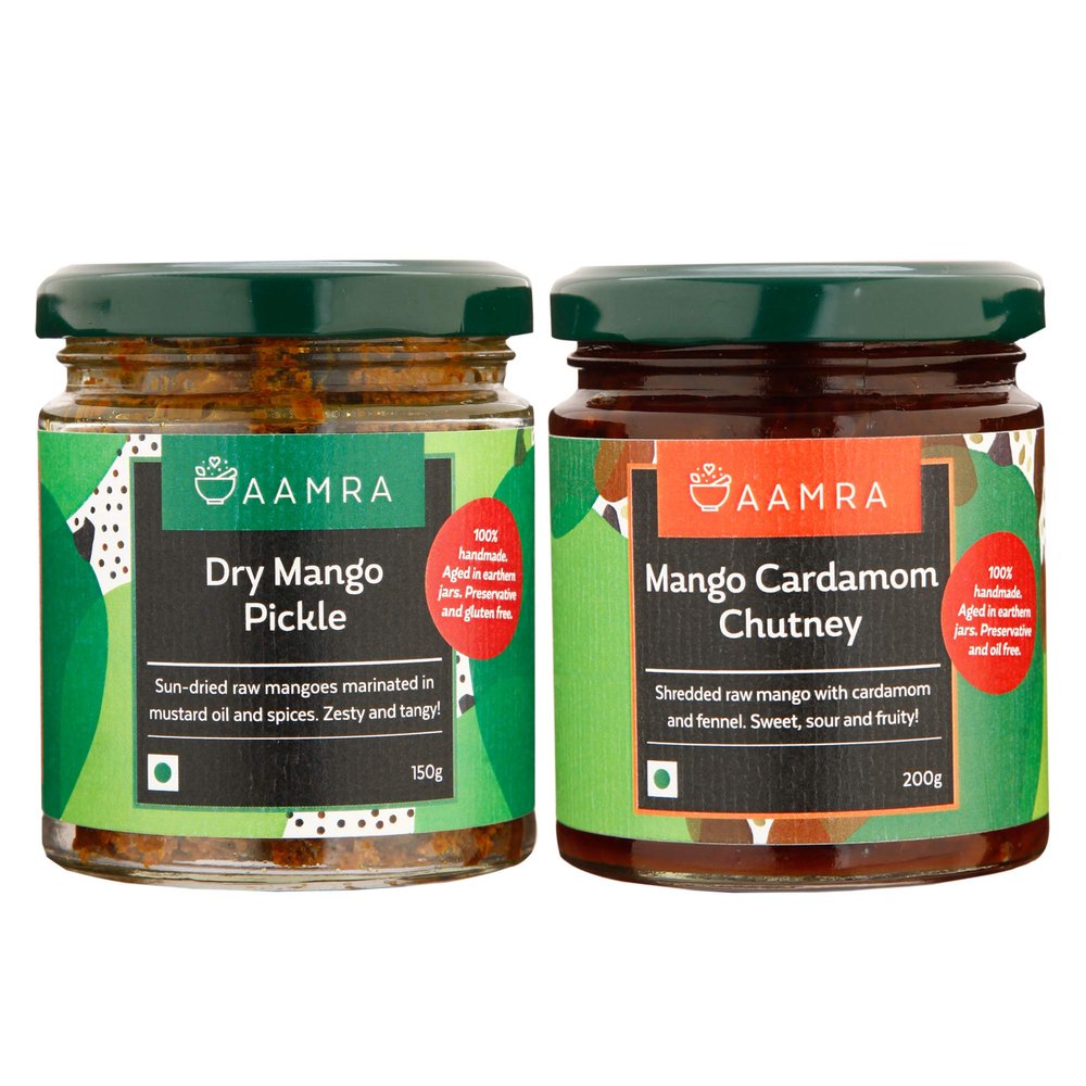 Aamra Homemade Traditional Dry Mango Pickle (150 Gm) And Mango Cardamom Chutney (200 Gm) Combo Of 2 Homemade Pickles