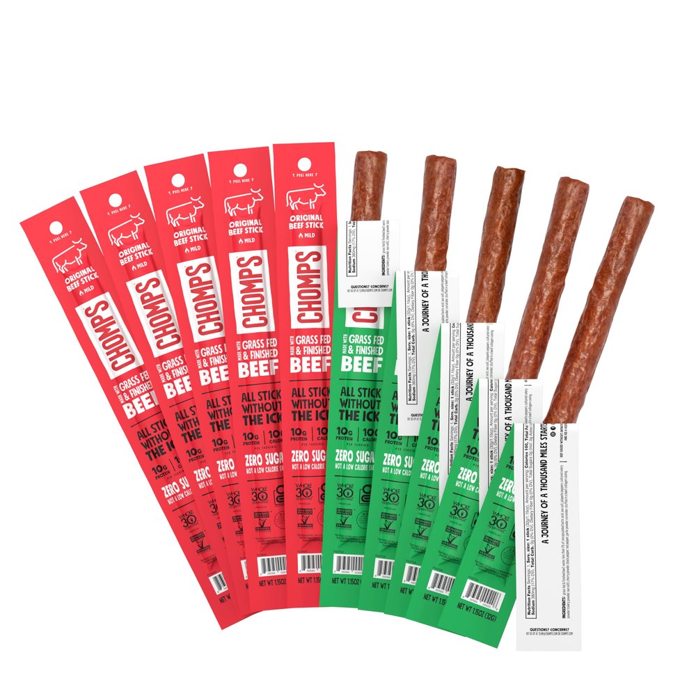 CHOMPS Grass Fed Beef Jerky Sticks, Variety Pack, 10 Sticks: (5) Original Beef, (5) Jalapeno Beef