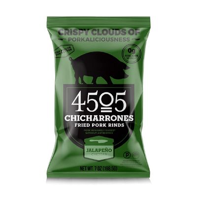 4505 Meats Jalapeno Cheddar Pork Rinds, Gluten Free Chicharrones, Keto Certified, Family Size Bag, 14 Servings, 7 Ounces