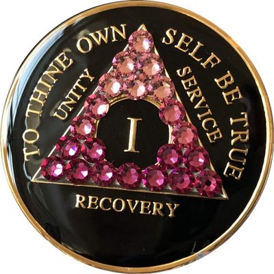 1 Year AA Medallion Black Tri-Plate Pink Transition Color Crystal Chip