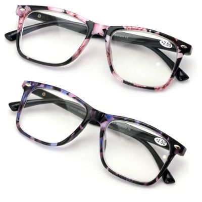 2 Pairs Large Women Floral Fashion Reading Glasses - Stylish Rectangle Reader (Floral Pink/Purple, 1.00)
