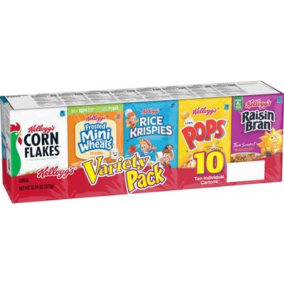 Kellogg's Breakfast Cereal Assorted Variety Pack, Corn Flakes, Frosted Flakes, Frosted Mini-Wheats Original, Raisin Bran, Froot Loops, Corn Pops, Rice Krispies, Special K Original, Single Serve, 10.94 oz (10 Count)