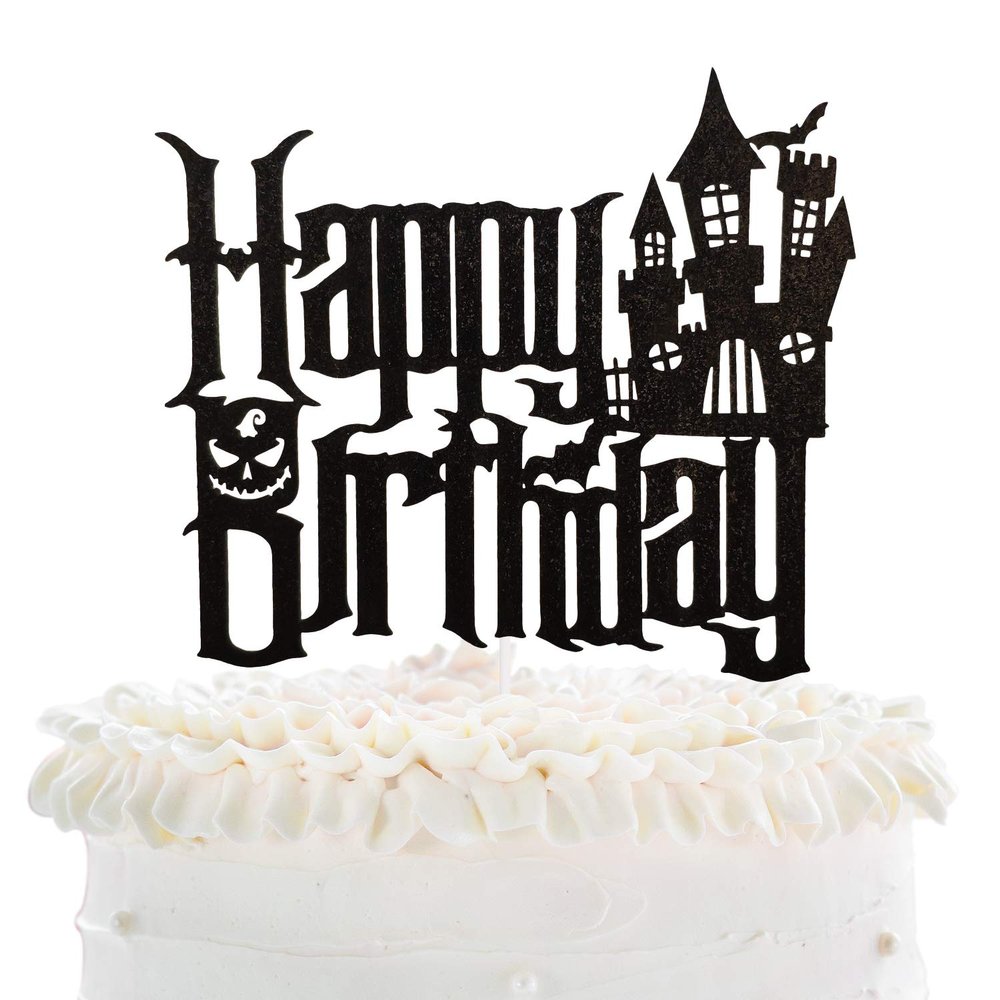 Spooky Happy Birthday Cake Topper - Halloween Haunted House Black Glitter Cake Topper - Cartoon Kids Birthday Party Friday The 13th Party Cake Derocation