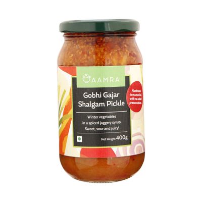 Aamra Traditional Homemade Gobhi Gajar Shalgam Pickle 400grams, Sweet, Sour and Juicy Pickle, Spiced Up with Jaggery Syrup.