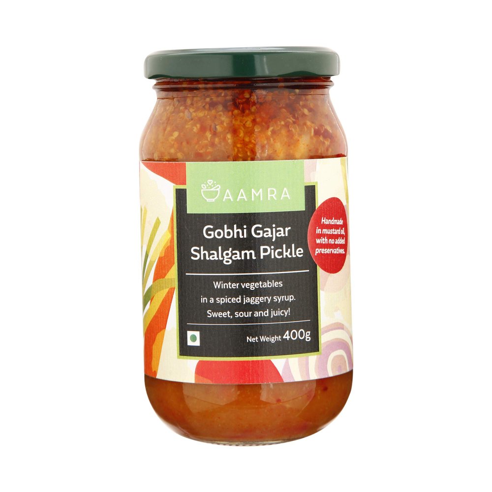 Aamra Traditional Homemade Gobhi Gajar Shalgam Pickle 400grams, Sweet, Sour and Juicy Pickle, Spiced Up with Jaggery Syrup.