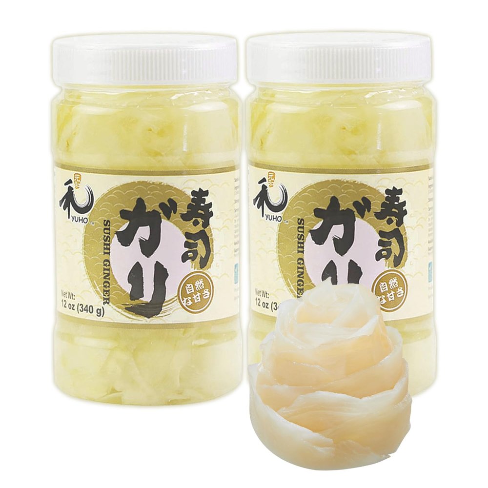 YUHO Pickled Sushi Ginger 24 Oz Japanese White Sushi Ginger Gari Fat Free, Sugar Free, Kosher, Low cal 2 Jars of 12 oz