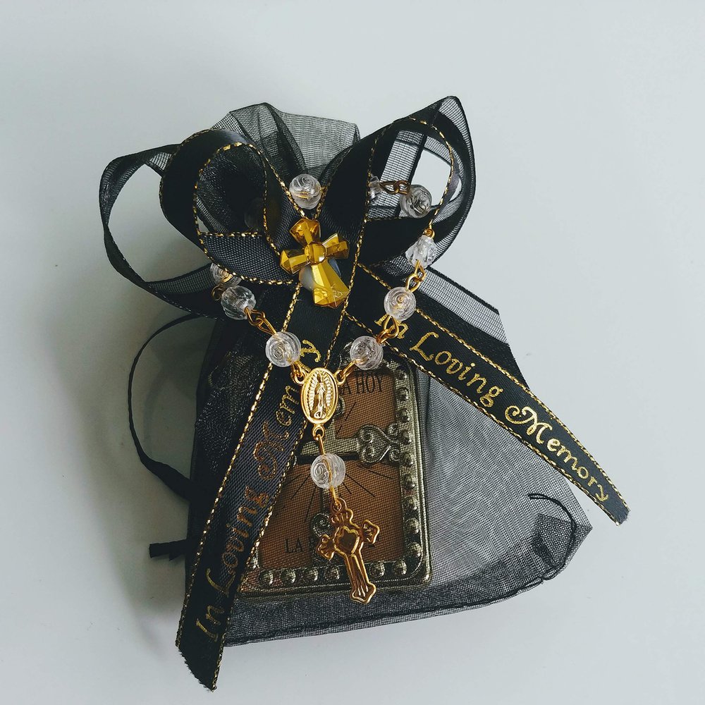 12"In loving memory" Organza Bags with Mini Golden Bible (Customize Ribbon with Name and Date)