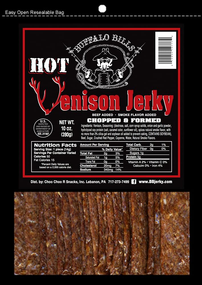 Buffalo Bills Hot Venison Jerky Strips 10oz Pack (20 hot venison jerky 7" strips per bag)