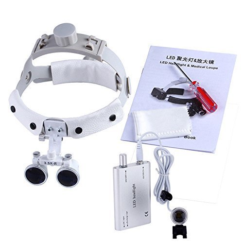 Aries Outlets 3.5X Loupe Leather Headband DY-108 White +3W Headlight Silver