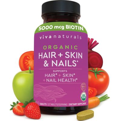 Biotin 5000 mcg Hair Skin Nails Vitamins for Women Organic and Vegetarian-Friendly Supplement with Vitamin E, B-Vitamins, Spirulina, Horsetail and Superfood Blend to help Produce Keratin 120 Count