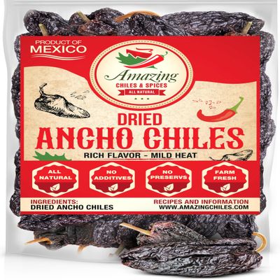 Dried Ancho Chiles Peppers 4 oz Natural & Premium for Authentic Mexican Mole, Sauces, Stews, Salsas, and More! Sweet & Smoky Flavor with Mild to Medium Heat to Elevate Your Favorite Recipes.