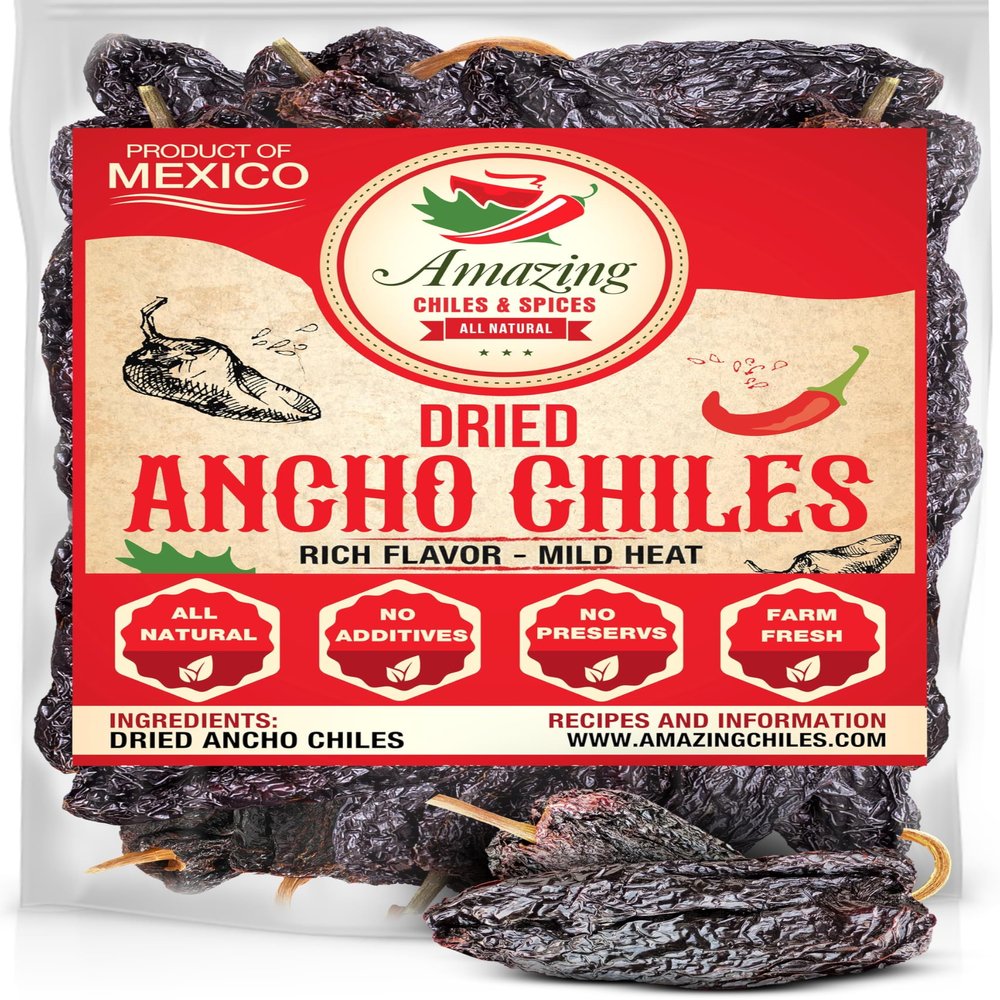 Dried Ancho Chiles Peppers 4 oz Natural & Premium for Authentic Mexican Mole, Sauces, Stews, Salsas, and More! Sweet & Smoky Flavor with Mild to Medium Heat to Elevate Your Favorite Recipes.
