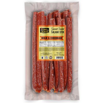 Long John Snacks Dried Salami Sticks - High Protein Smoked Meat Sticks Bulk Pack - Handcrafted From Fresh, Never-Frozen Cuts of USA Beef and Pork - Low Carb, Keto Snacks - Mild Cheddar, 16 Oz