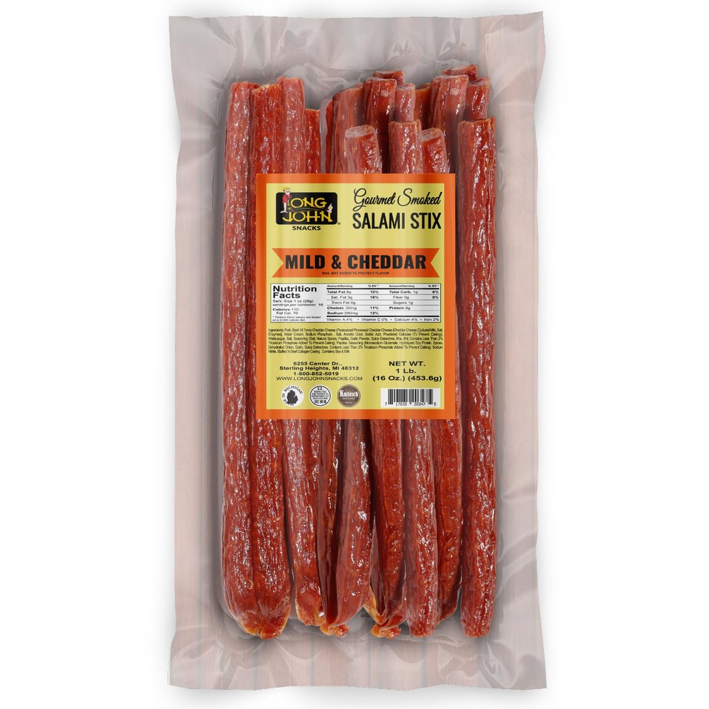 Long John Snacks Dried Salami Sticks - High Protein Smoked Meat Sticks Bulk Pack - Handcrafted From Fresh, Never-Frozen Cuts of USA Beef and Pork - Low Carb, Keto Snacks - Mild Cheddar, 16 Oz