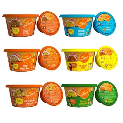 Desi Mealz Ready to Eat Breakfast & Travel Food Weekly Pack of 6 (Veggie Pulav, Vegy Fried Rice, Dal Khichdi, Sweet Kesari, Yin Yang's Poha, Lemon Vermicelli)