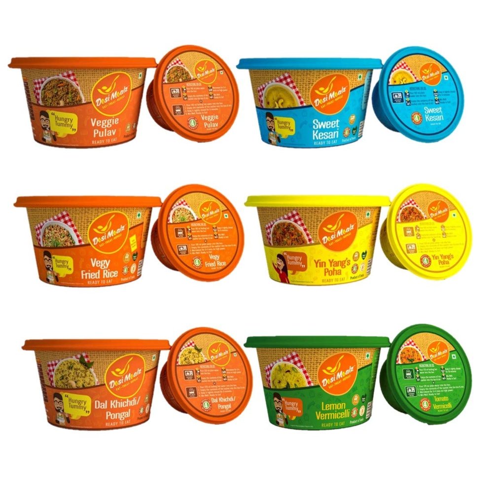 Desi Mealz Ready to Eat Breakfast & Travel Food Weekly Pack of 6 (Veggie Pulav, Vegy Fried Rice, Dal Khichdi, Sweet Kesari, Yin Yang's Poha, Lemon Vermicelli)