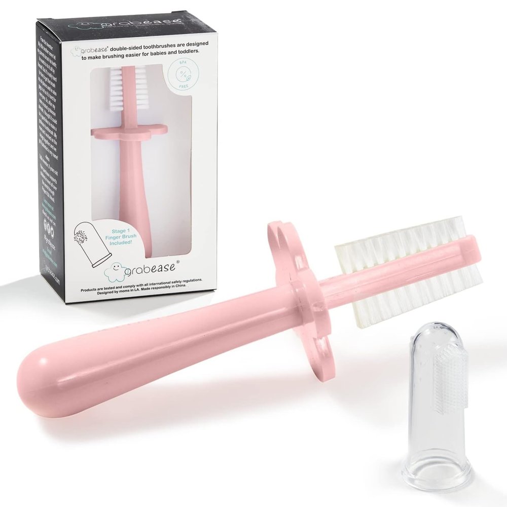 grabease Double-Sided Finger Toothbrush - Promotes Independent Brushing & Toddler Toothbrush - Recyclable Silicone Baby Brush - Finger Brush for Gum Massage - 12 Months & Up, Blush, Pack of 1