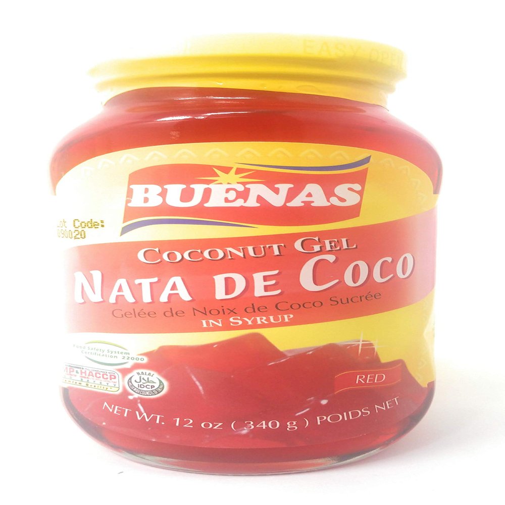 Buenas Red Coconut Gel 340g  Nata de Coco Dessert Topping for Halo-Halo, Fruit Salad, and Asian Sweets