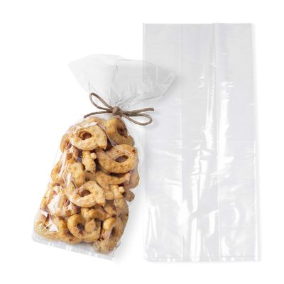 APQ Clear Gusseted Poly Bags, 5 x 2 x 12 Inch. Pack of 100 Gusseted Plastic Bags 1 Mil Thick for Favors with Open Top. Clear Plastic Bags for Packaging Cookies, Popcorn, Candies, Homemade Bread