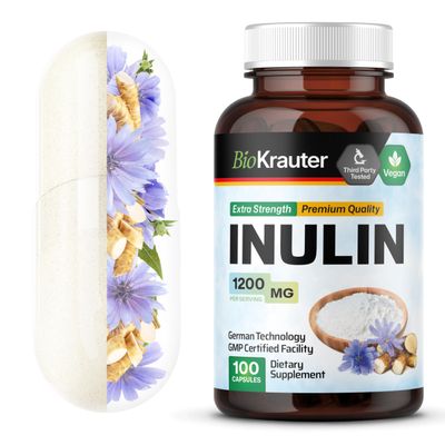 BIO KRAUTER Inulin Powder from Chicory Root in Capsules 1200 mg per Serving 100 Count - Vegan & Pure Inulin Prebiotic Fiber for Gut & Digestive Support - No Fillers, Non-GMO - 16 Days of Supply