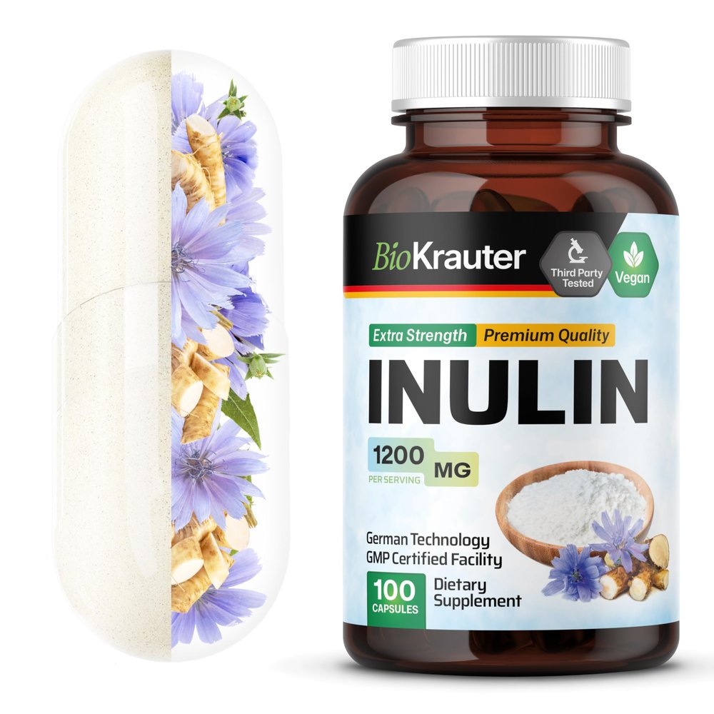 BIO KRAUTER Inulin Powder from Chicory Root in Capsules 1200 mg per Serving 100 Count - Vegan & Pure Inulin Prebiotic Fiber for Gut & Digestive Support - No Fillers, Non-GMO - 16 Days of Supply